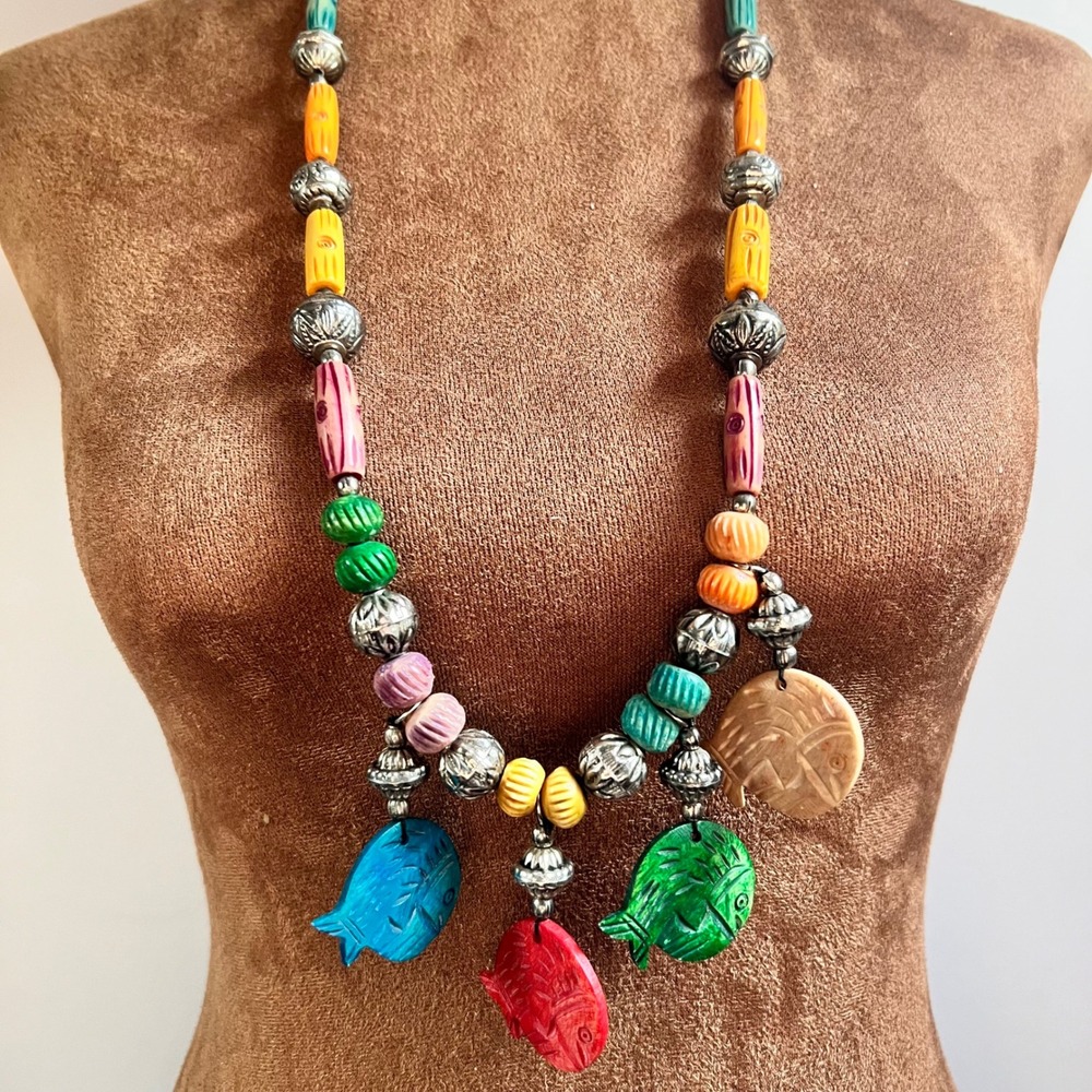Vintage Multi Color Carved Fish Beaded Necklace 30 Inch Eclectic